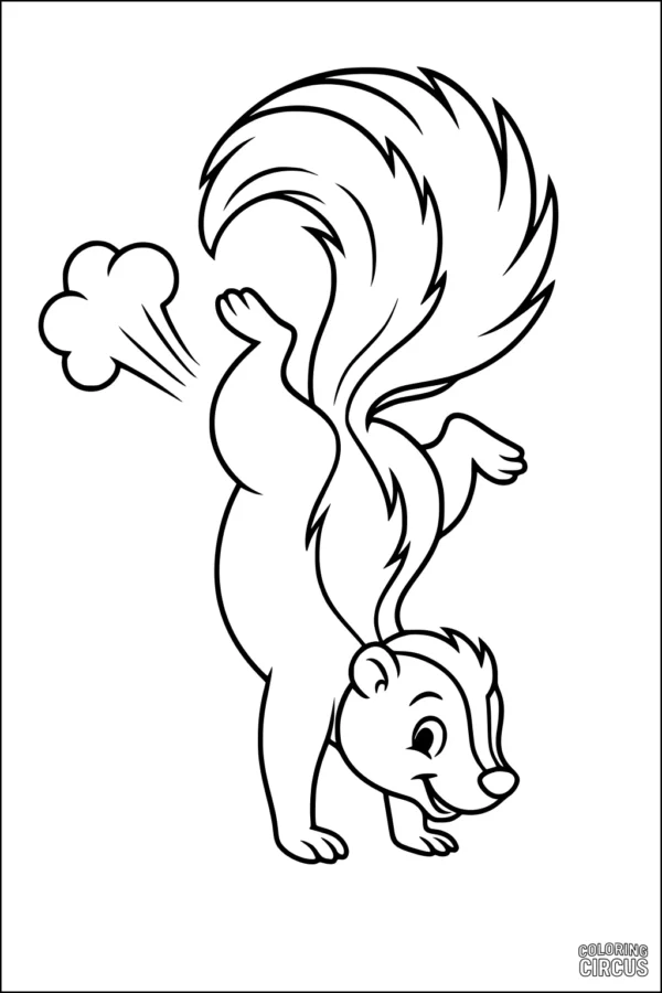 Coloring page of a cartoon skunk raising its tail, smiling and looking playful, forest theme