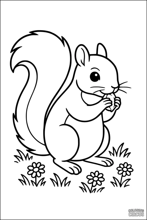 Coloring page showing a cute squirrel sitting in grass with flowers, holding food