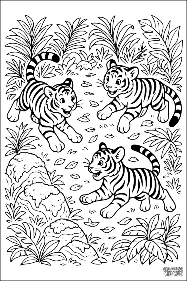 Coloring page of three tiger cubs playing in a jungle with plants and rocks