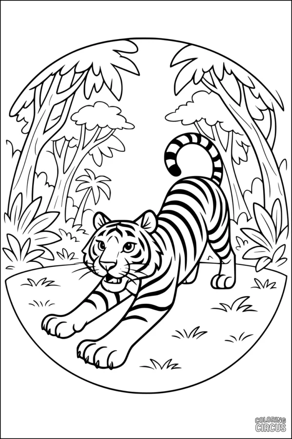 Coloring page of a playful tiger stretching in a jungle setting with trees and plants