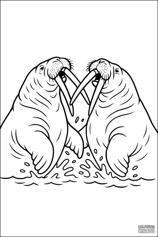 Coloring page showing two friendly walruses with large tusks splashing in arctic water