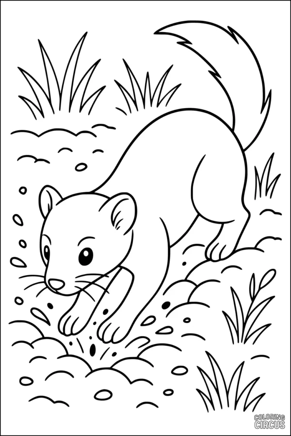 Coloring page featuring a weasel exploring grass and dirt in a meadow scene