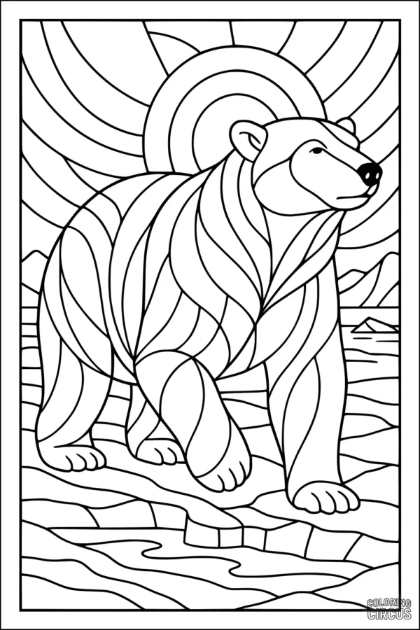 Coloring page featuring a polar bear with stylized geometric lines and an arctic landscape background