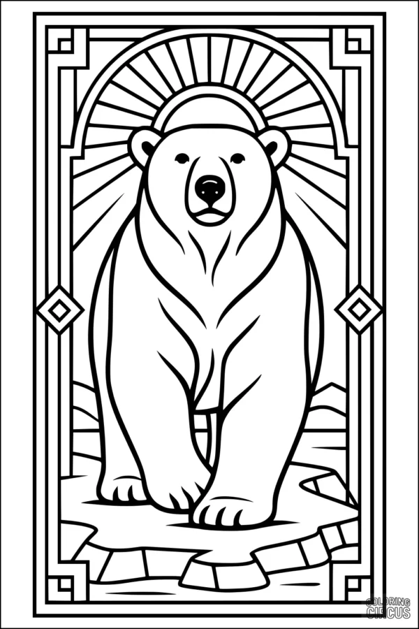 Coloring page of a polar bear standing on ice with radiant sunburst background in an ornate frame