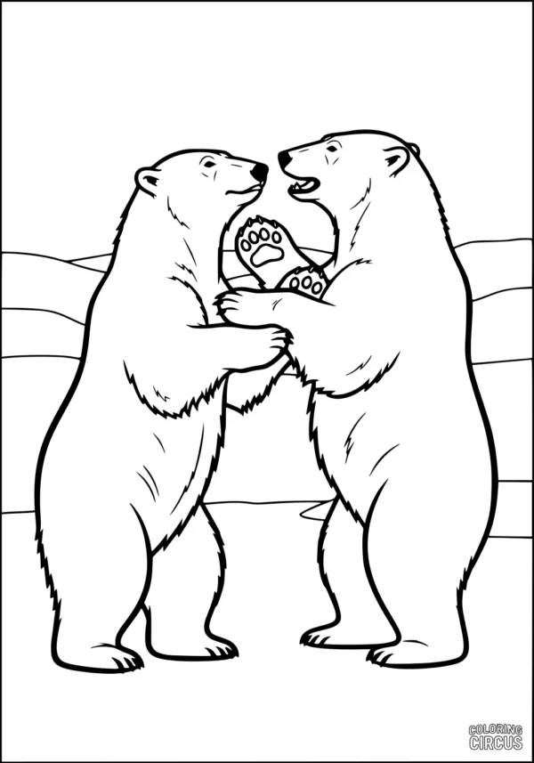 Coloring page showing two polar bears standing and holding paws in a snowy Arctic landscape.
