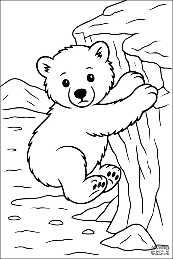 Coloring page showing a cute polar bear cub climbing rocks in an Arctic landscape
