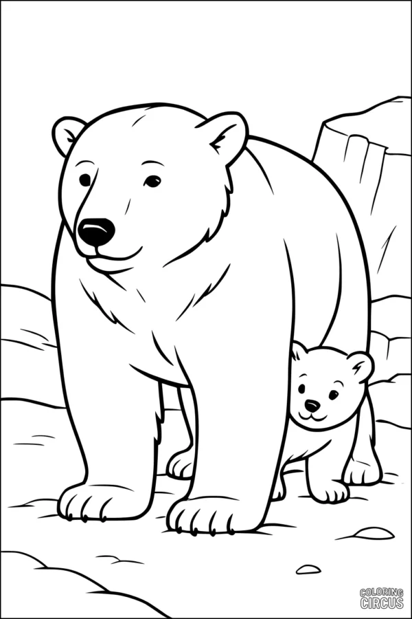 Coloring page showing a mother polar bear and her cub standing together on snowy ground with icy rocks in the background.
