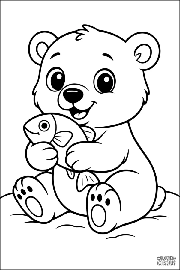Coloring page of cute baby polar bear holding a fish on snowy ground