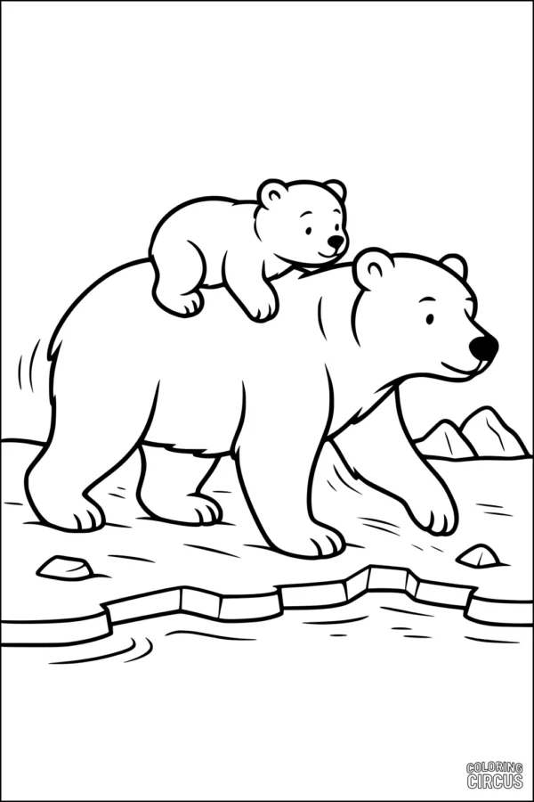 Coloring page showing a polar bear cub riding on an adult polar bear’s back by icy water and mountains.
