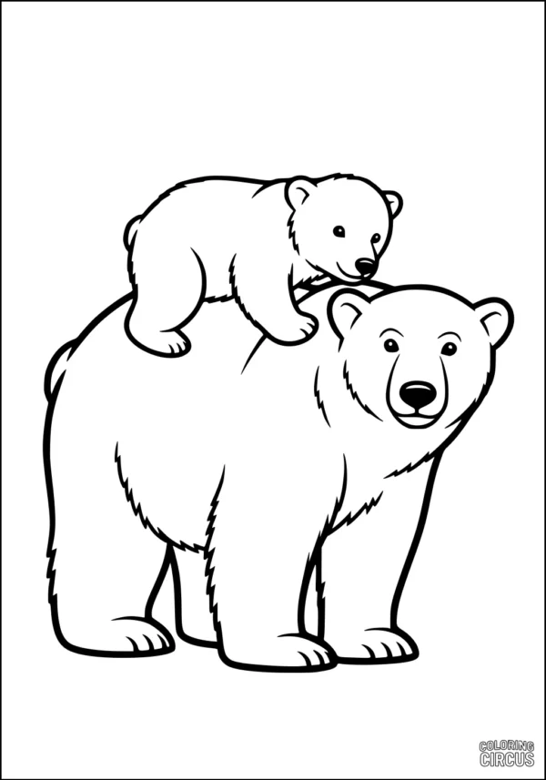 Coloring page of a polar bear mother with a cub on her back, ideal for young children