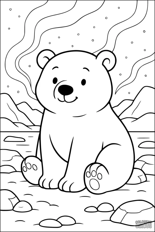 Coloring page showing a cute polar bear cub sitting on an arctic riverbank with mountains and sky in the background