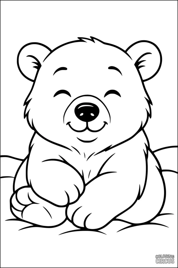 Coloring page of a cute smiling polar bear cub sitting on snow