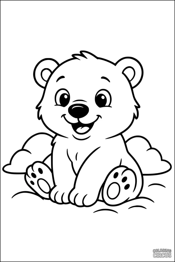 Coloring page with a cute smiling polar bear cub sitting in the snow, perfect for young children