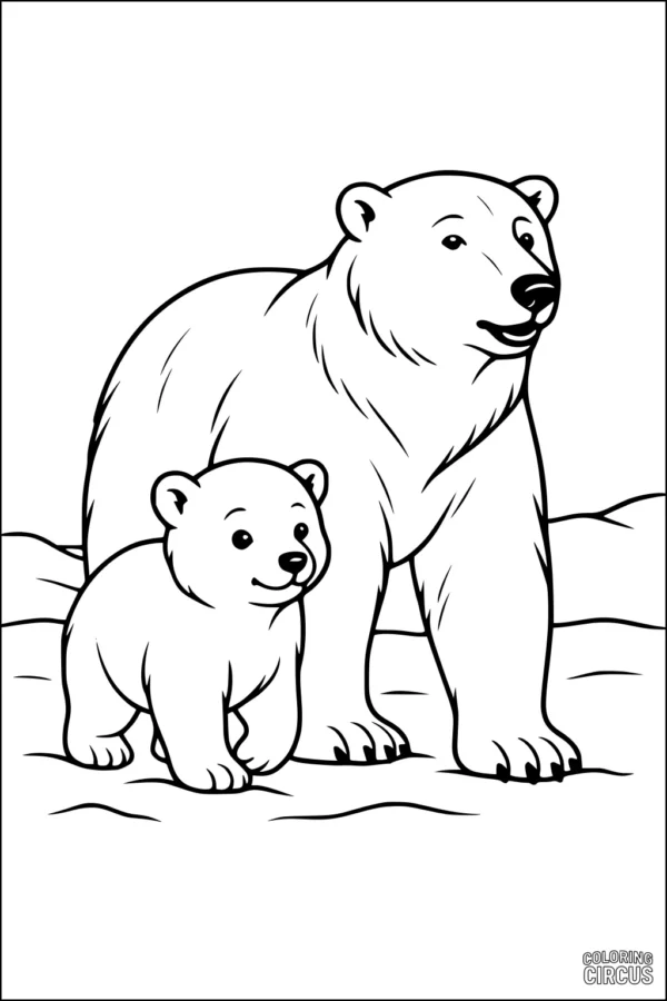 Coloring page of a polar bear and cub walking together in the snow, simple design.