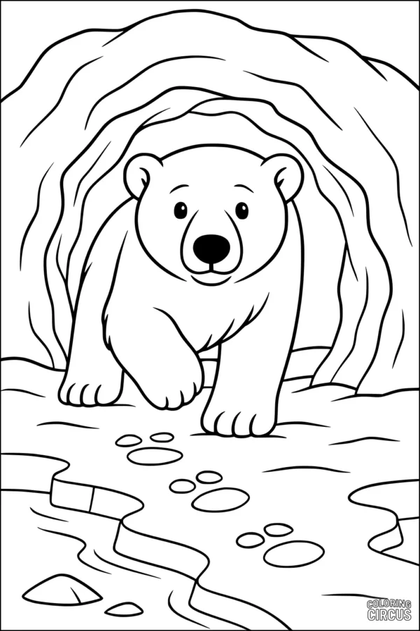 Coloring page featuring a cute polar bear stepping out of a cave with paw prints and icy landscape.