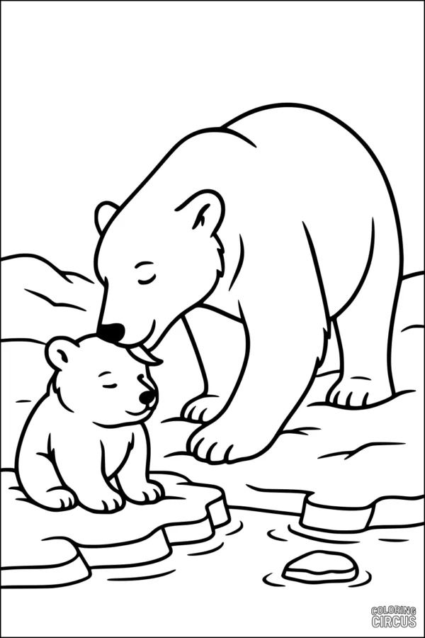 Coloring page showing a polar bear mother and cub cuddling on ice in the Arctic
