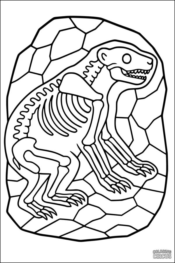 Coloring page showing a polar bear skeleton fossil inside icy rock