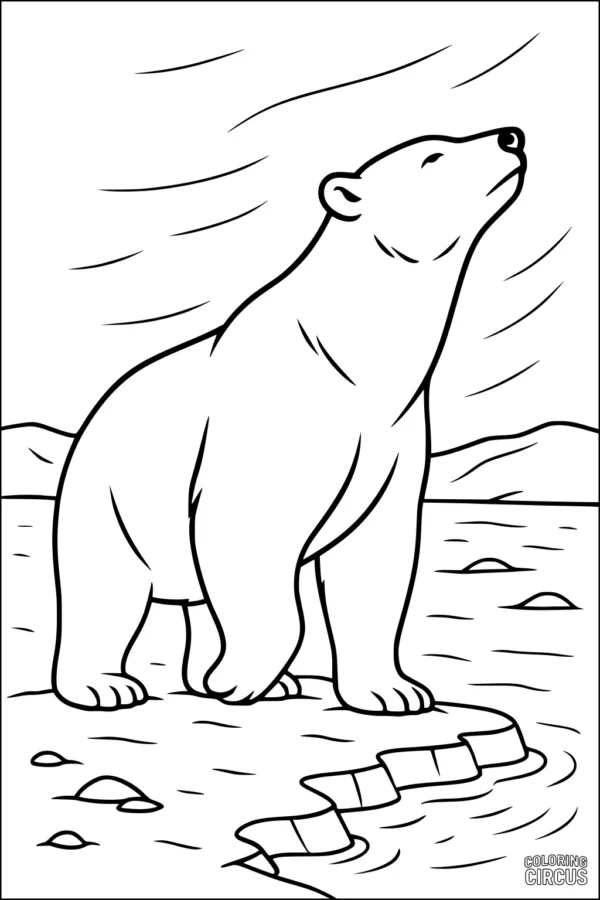 Coloring page of a polar bear standing on ice next to water with mountains in the background and swirling wind above