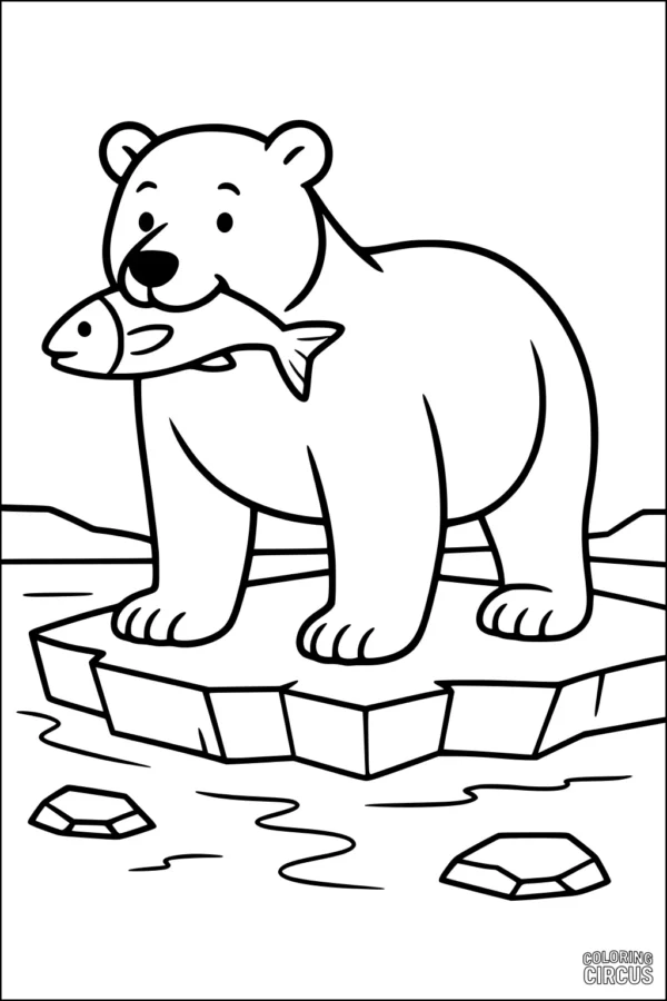 Coloring page showing a smiling polar bear holding a fish on an ice floe in the arctic