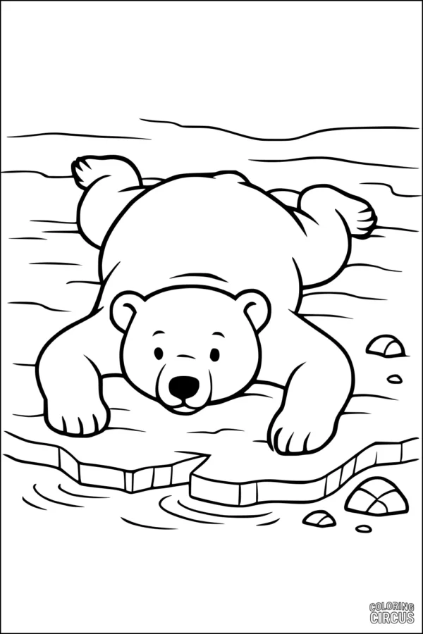 Coloring page featuring a cute polar bear resting on icy ground with water and rocks