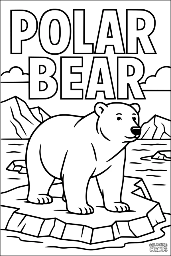 Coloring page of a polar bear standing on an iceberg with mountains and water in the background