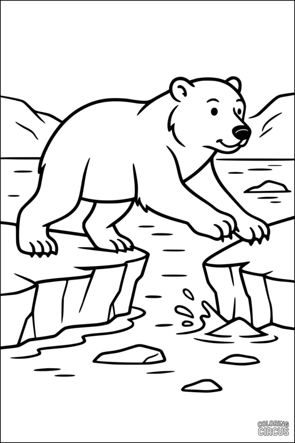 Coloring page polar bear stepping between icy rocks in an arctic landscape