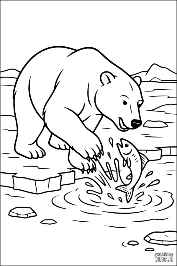 Coloring page shows a polar bear reaching for a jumping fish in an Arctic ice pond, with floating ice and distant hills.