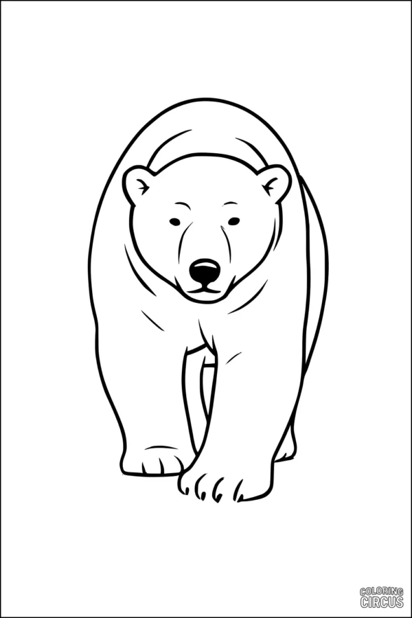 Coloring page of a polar bear walking on ice with snow in the background