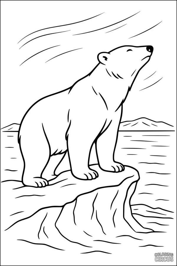 Coloring page of a polar bear standing on an iceberg with icy sea and mountains in the background