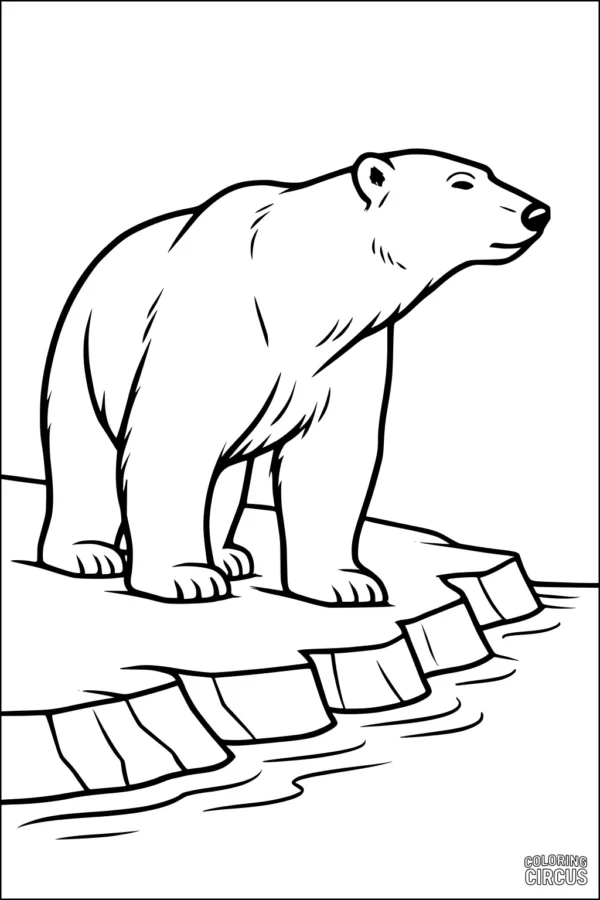 Coloring page of a polar bear standing on an iceberg by the water, simple outlines suitable for young children.