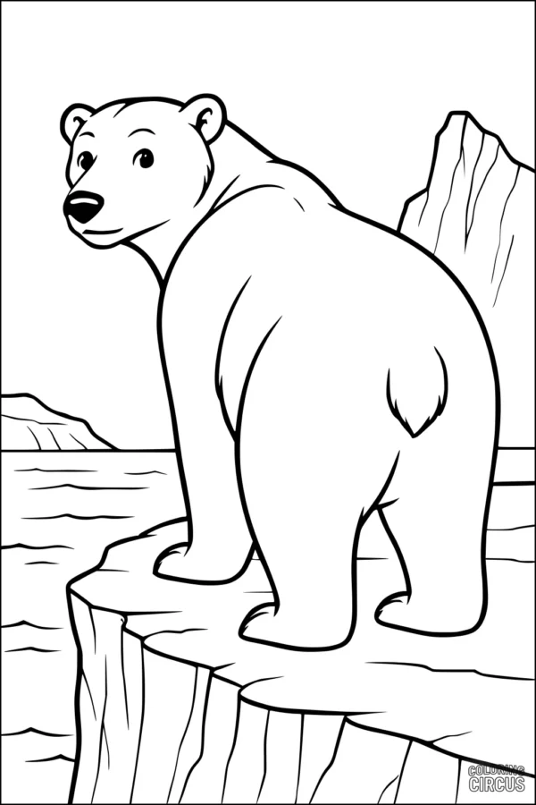 Coloring page of a friendly polar bear standing on an ice cliff with mountains and water in the background
