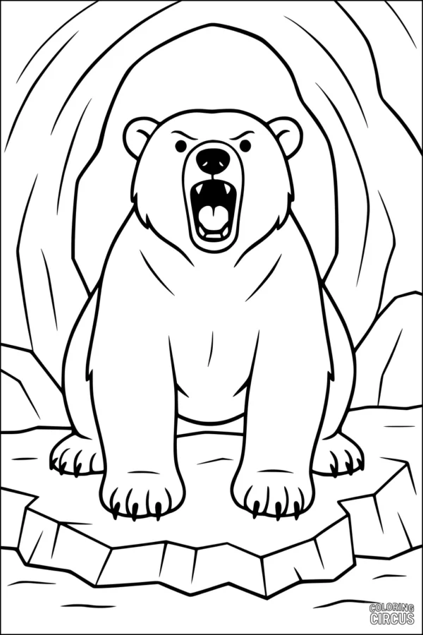 Coloring page of a roaring polar bear standing on ice in front of a cave