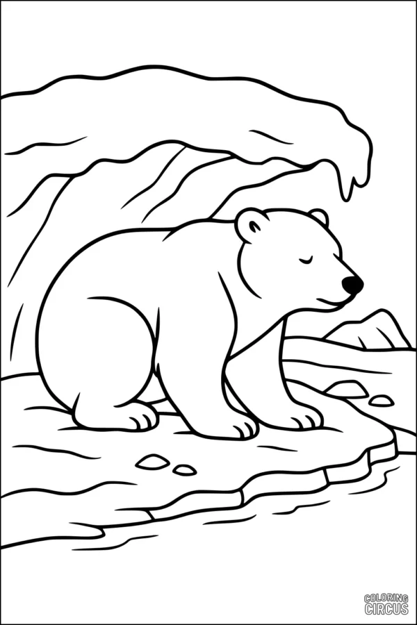 Coloring page showing a peaceful polar bear sitting under an icy cave in the Arctic, with simple background details for children.