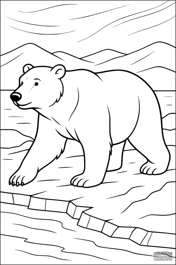 Coloring page of a polar bear walking on ice with snowy mountains and water
