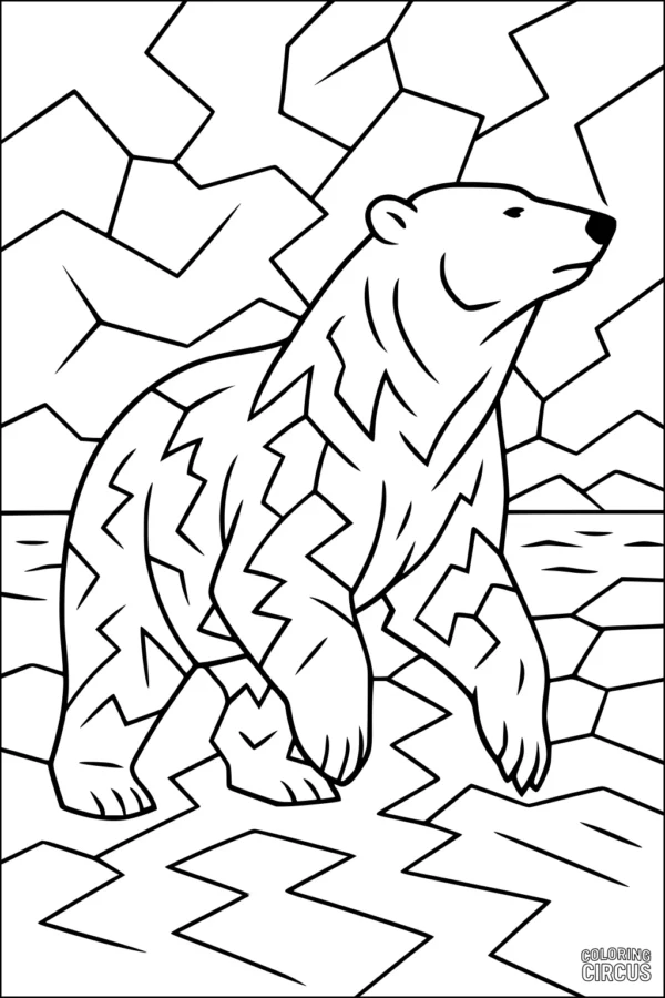 Coloring page featuring a polar bear on a geometric icy landscape