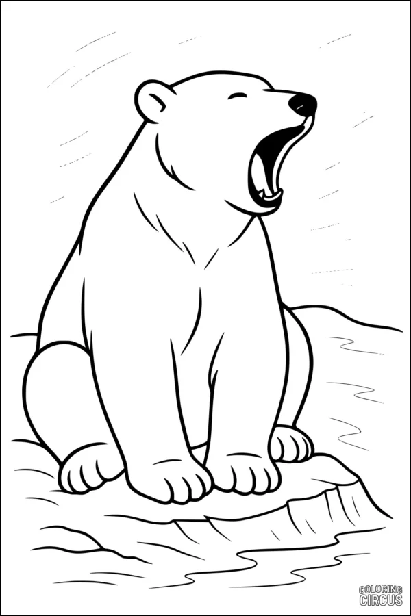 Coloring page featuring a yawning polar bear sitting on ice in the Arctic