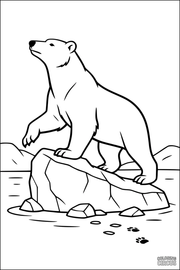 Coloring page of a polar bear standing on a rock in an arctic scene with mountains and paw prints