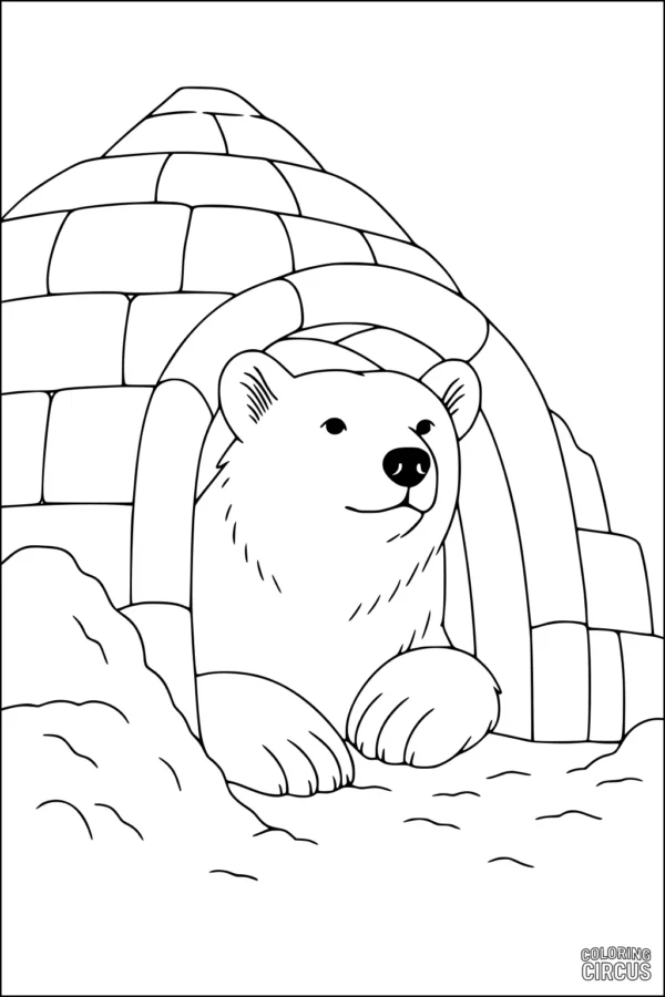 Coloring page showing a polar bear peeking out from an igloo with snow in the foreground