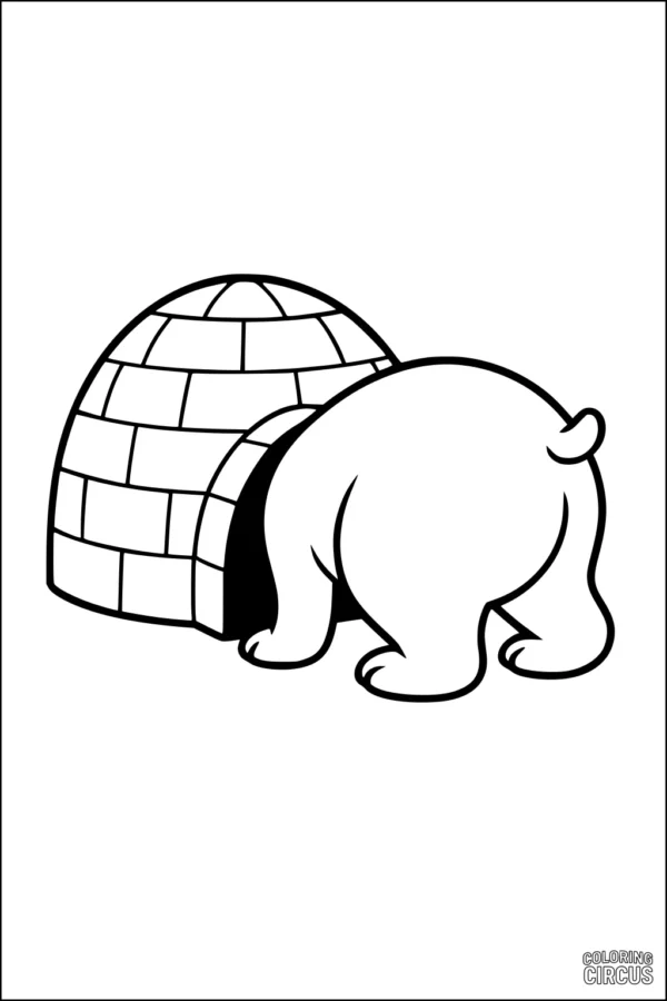 Coloring page of a polar bear peeking inside an igloo