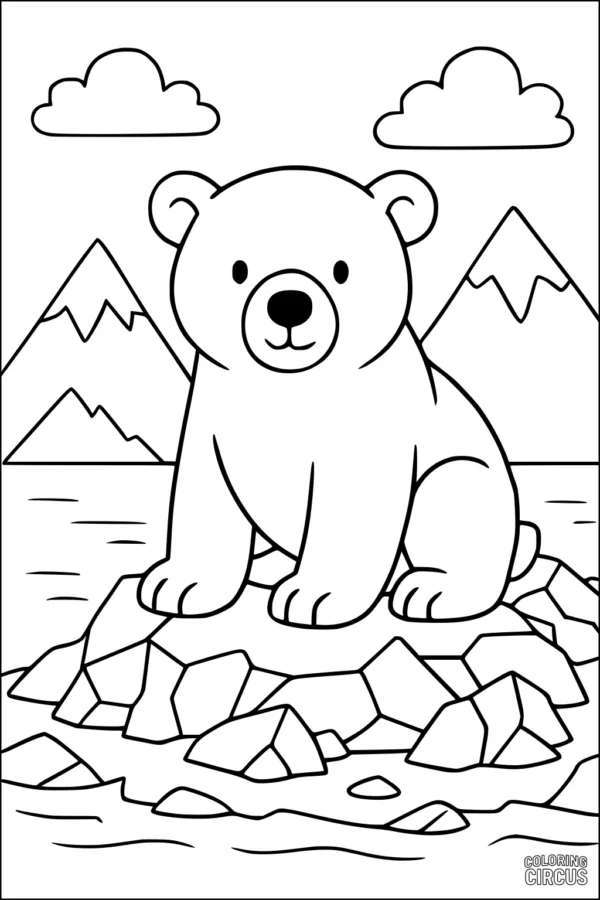 Coloring page featuring a cute polar bear sitting on ice with mountains, clouds, and water in the background