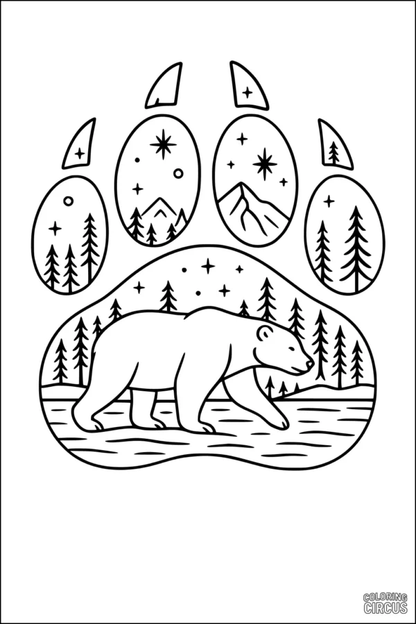 Coloring page featuring a polar bear walking in a forest under stars, set within a paw print with mountain and pine tree scenes in each toe.