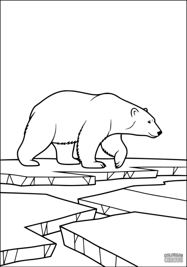 Coloring page showing a polar bear walking on ice floes in the Arctic