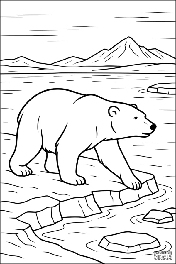 Coloring page of a polar bear walking on ice with mountains and water in the background