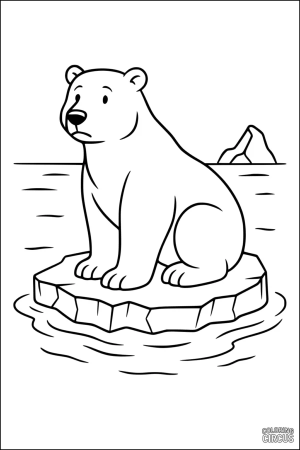 Coloring page of a cartoon polar bear sitting on an iceberg surrounded by ocean with a mountain in the background
