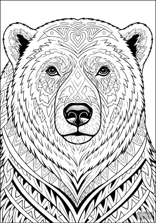 Coloring page featuring a polar bear with intricate geometric and abstract patterns on its fur