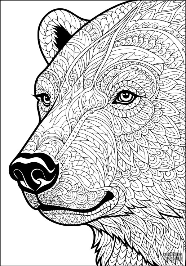 Coloring page featuring a detailed patterned polar bear portrait with intricate designs