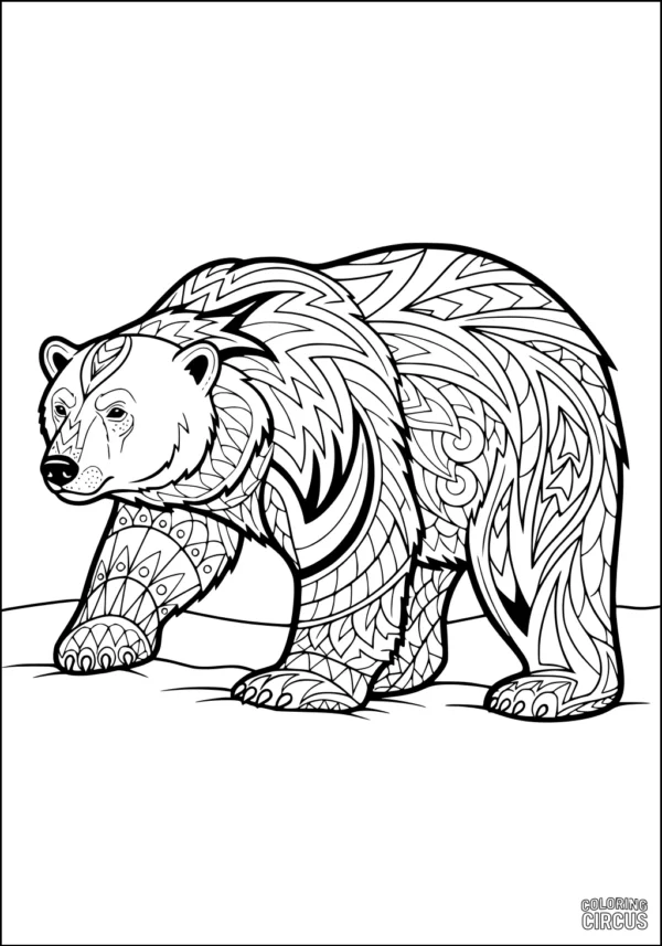 Coloring page featuring a polar bear with intricate geometric patterns on its body, walking across snowy ground.