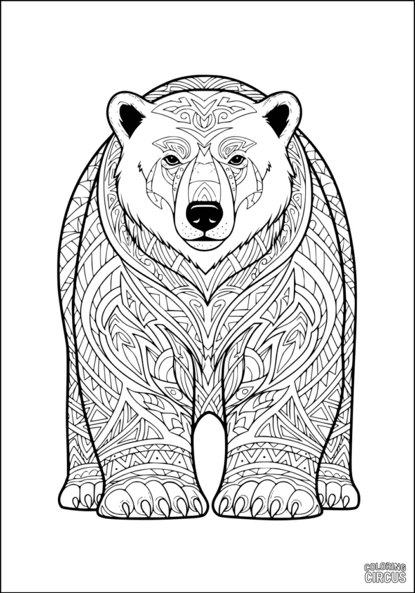 Coloring page featuring a detailed polar bear with intricate decorative patterns