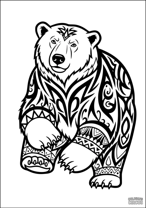 Coloring page featuring a polar bear with intricate Scandinavian-inspired patterns and bold geometric details