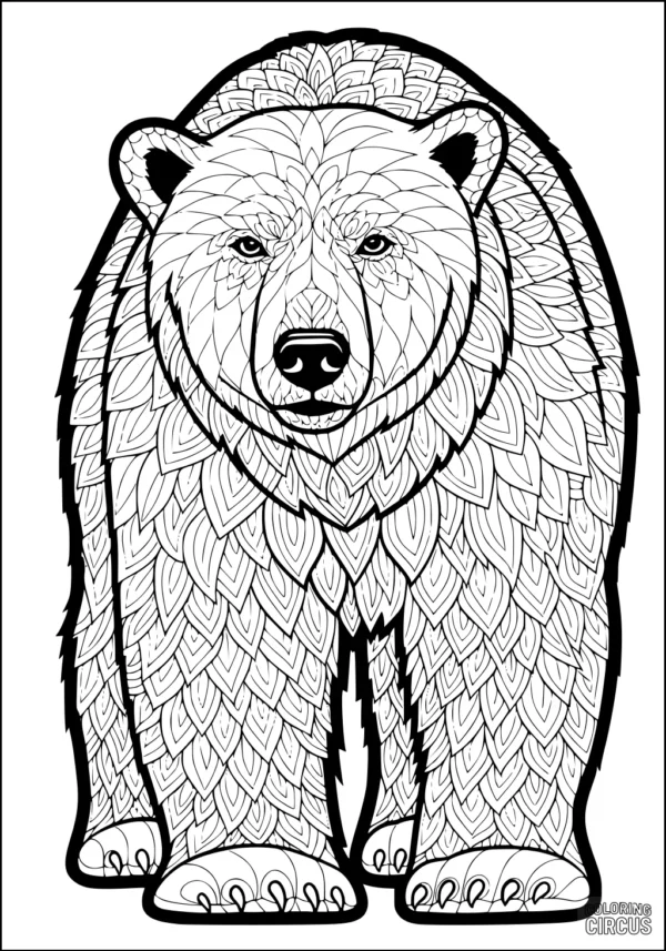 Coloring page featuring a detailed polar bear with intricate leaf-shaped patterns on its fur